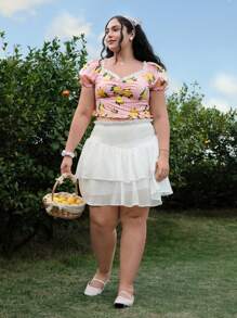 SHEIN MOD قميص بأكمام منتفخة بطباعة عتيقة مقاس كبير، مناسب للمواعيد والكاجوال وارتداء في الأعياد، موسم الربيع والصيف - متعدد الألوان - مشاهدة 4