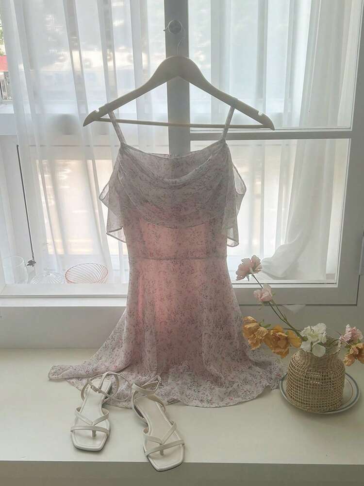 Women's Ditsy Floral Flounce Hem Camisole Mini Dress, Spring & Summer Boho