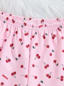 2pcs/Set Young Girl Cherry Pink Fabric Short Sleeve Top & Casual Shorts Pajamas Pj Set Young Girls Clothing Sets Summer Clothes - Pink - View 5