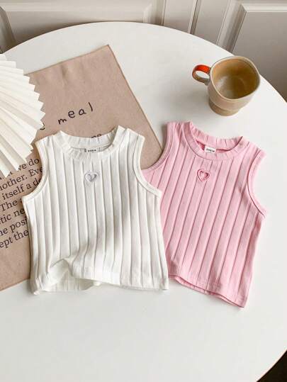 Genkimix Kids 2pcs/Pack Heart Embroidery Hollow Out Round Neck Rib Tank Top For Young Girls Back-To-School School Bride White Baby Pink Summer