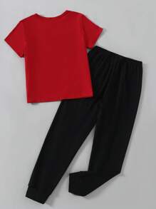 SHEIN 2pcs/Set Toddler Boys' Simple Letter Print Elastic Waist Pants, Short Sleeve Loose Crew Neck Striped Casual Home Wear, Spring/Summer New - Multicolor - View 2