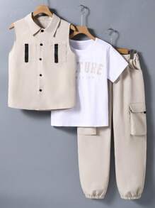 Bộ 3 món áo vest cổ bẻ thường ngày cho bé trai & áo phông tay ngắn & quần túi hộp, quần áo xuân/hè cho bé trai tuổi teen, bộ 2 bộ trang phục 2 món cho bé trai tuổi teen mùa hè - Màu be - Xem 7