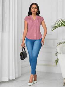 Lunelith SHEIN Lunessa 优雅蕾丝拼接波浪短袖女式衬衫