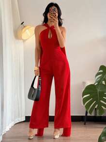 SHEIN Unity Elegante y a la moda monos de corte Largo con efecto drapeado en la espalda que cincha la cintura, en color rojo, apropiado para primavera/verano - Rojo - Ver 7