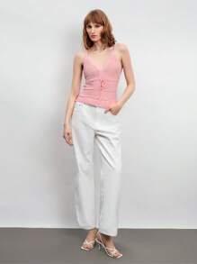 Maija Women's Pink Summer V-Neck Ruffle Edge Solid Color Sleeveless Backless Tie Front Bowknot Camisole Top, Suitable For Outdoor Music Festival - Grey - View 3