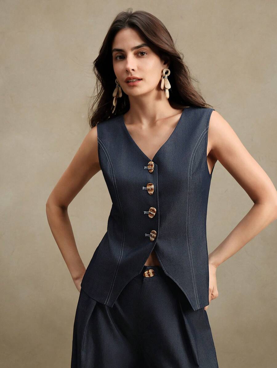 Anewsta Bộ vest vest thời trang mới mùa xuân/hè cổ điển cho nữ, công sở thường ngày - Màu xanh hải quân - Xem 1