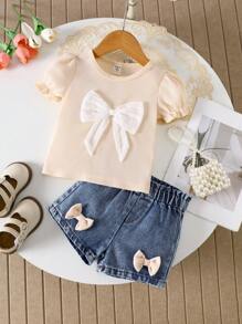 SHEIN Elladie kids 2 件套女婴春夏休闲风格，蝴蝶结装饰，短袖上衣和短牛仔裤 - 杏色 - 查看 3