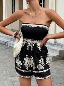 SHEIN Essnce 女士夏季度假服装 - 2025 黑色几何印花抹胸连体裤，带褶饰腰部和可调节抽绳，波西米亚风连体裤，适合海滩派对、周末度假和休闲街头风格，女士夏季时尚必备品