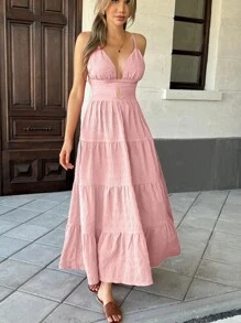 Pariaura Halter Contrast Hem Loose Pink Dress, Casual Resort Style For Women - Dusty Pink - View 4