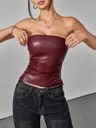 SHEIN PETITE Nuevo Año y Día de San Valentín Mujer Borgoña Parte Superior de PU con Pliegues y Bajo Asimétrico, Adecuado para Salir y Fiestas, Mujer Año Nuevo, Top de Rave