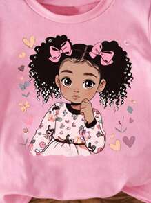 Girls' Simple & Cute Pink Printed Short Sleeve T-Shirt - Pink - View 3