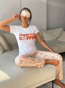 RueChic Coffee Printed Pajama Set With Eye Mask - Multicolor - View 1