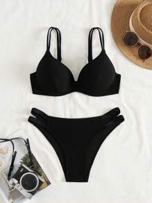 SHEIN 2 件套聚拢女士夏季海滩简约纯色纹理面料细肩带黑色比基尼套装 - 黑色 - 查看 8