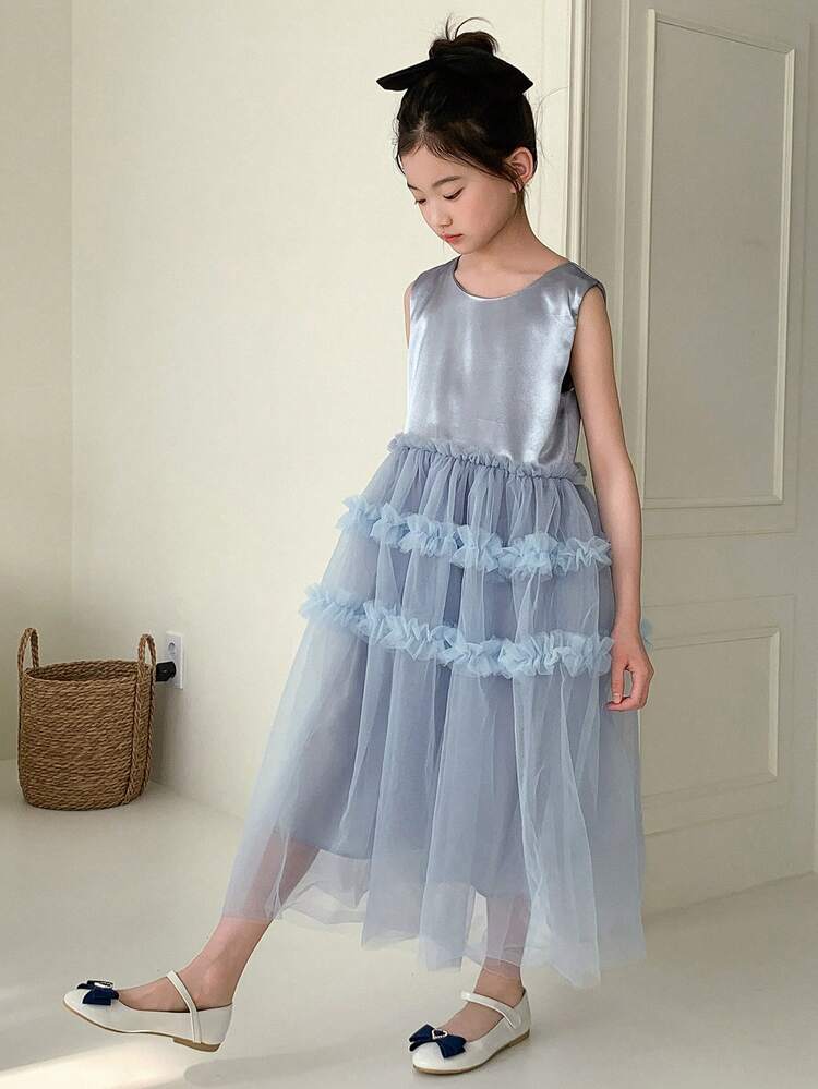 Tween Girl Crew Neck Sleeveless Mesh Dress, Autumn,Back To School Clothes