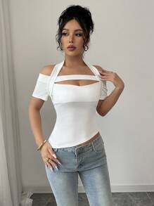 Elenzga Halter Neck Halterneck Slim Fit Cropped T-Shirt With Angled Hem - White - View 4