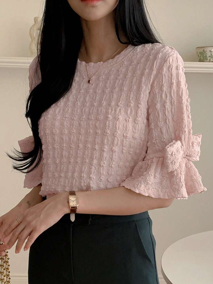 New Spring Women Puff Sleeve Bow Decor Special Fabric T-Shirt, Valentine's Day