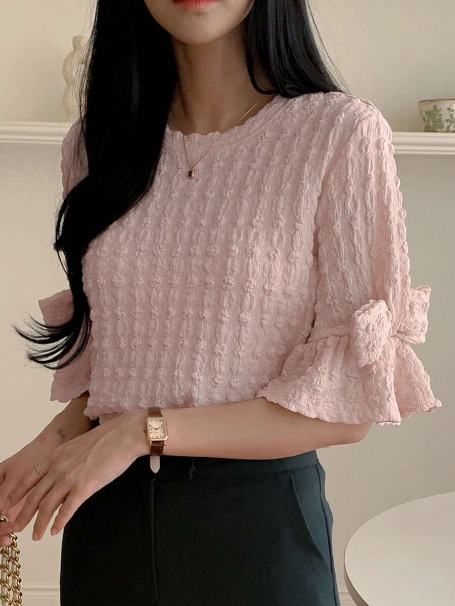 DAZY 新款春季女款泡泡袖蝴蝶结装饰特殊面料T恤，情人节 - 粉色 - 查看 1