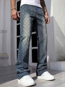 ROMWE MEN Men's Casual Washed Rhinestone Texture Denim Jeans - Dark Wash - View 4