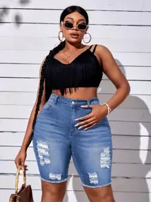 SHEIN SXY Plus Size Casual Distressed Ripped Skinny Denim Shorts - Blue - View 5