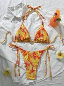 Swim Mod Floral Print Halter Bikini Swimwear For Summer Beach Vacation - Multicolor - View 2