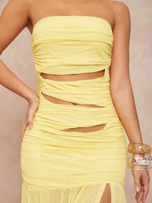 Lumalex Frühlingsausflug Fee Elegant Sommerurlaub Ostern Bohemian BOHO Meer Strand Heiß Draußen Reich Geschichtet Hochzeitssaison Bankett Coming-of-Age Zeremonie Strand Meer Trägerlos Ausgehöhlt Hoch Geschlitztes Kleid Für Damen, Buttergelb - Gelb - Übersicht 7