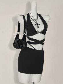 SHEIN ICON 2 件套女士 Y2k 外出度假两件套夏季套装交叉胸前紧身胸衣短款上衣和低腰裙套装 - 黑色 - 查看 1