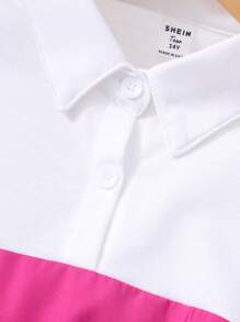 Teenage Girls 2pcs Set: Collared Patchwork Top With Belt And Solid Color Pants