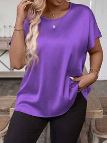 SHEIN LUNE Plus Size Women's Plain Round Neck Short Sleeve Casual Loose Blouse - Purple - View 3
