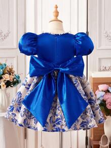 Young Girl Elegant Party Jacquard Splice Puff Sleeve Bow Decor Formal Dress