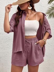 SHEIN VCAY Plus Size Solid Color Front Button Shirt And Drawstring Pocket Shorts 2 Pieces Set,Holiday Outfits - Dusty Purple - View 1