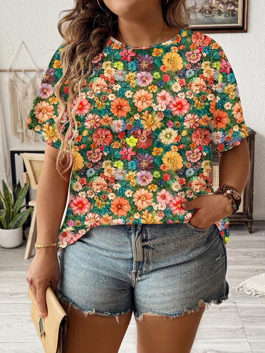 EMERY ROSE Plus Size Round Neck Short Sleeve Loose Casual Minimalist T-Shirt,Summer Clothes,Vacation Outfits Woman / Vacation,Boho Women Clothing - White - View 1