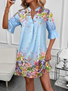 SHEIN Clasi Damen Mittelarm Kleid mit Blume Muster für Valentinstag, Frühling/Sommer