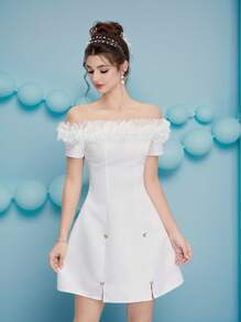 Poshira Vestido mini de mujer con hombros descubiertos y decoración de moño, vestido apropiado para invitada de boda, fiesta de noche y cumpleaños. Vestidos mini elegantes para mujer, vestidos de fiesta, vestidos lindos para mujer, vestido de fiesta para damas, vestidos de cumpleaños para mujer, vestidos de cóctel para mujer, vestido de graduación