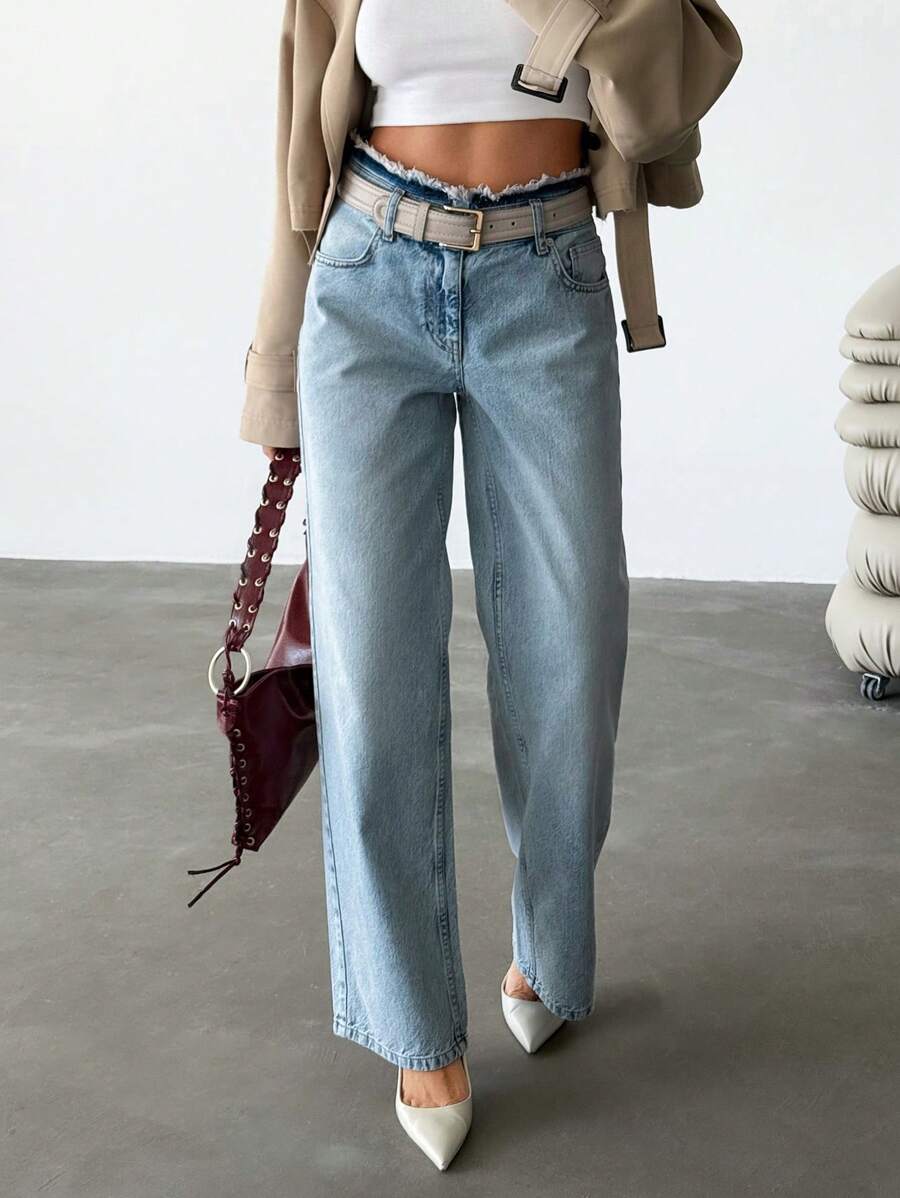 EURMUSE Casual Washed Frayed Hem High Waist Straight Leg Jeans - Light Wash - View 1