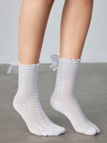 ROMWE Kawaii Women's Solid Color Butterfly Decor Jacquard Mid-Calf Socks - White - View 1