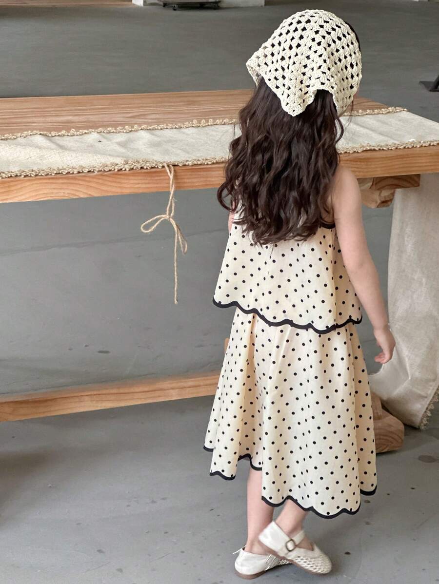 Dazy Kids 2pcs/Set Young Girl Polka Dot Sleeveless Top And Skirt Set, Summer Vacation - Apricot - View 1