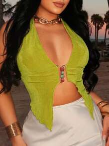 SHEIN SXY Solid Green Sexy Open Front Halter Neck Tank Top, Versatile Casual Top For Music Festival, Date, Gathering, Party, Birthday, Island Vacation, Holiday Outings, Spring/Summer, Rave Topr - Green - View 4