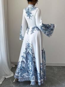 Rafferiza 女士度假植物印花喇叭袖单排扣优雅中长连衣裙