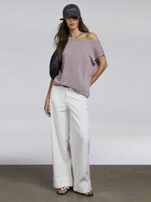 Athîral Women Solid Color Off Shoulder Lightweight Casual  Knit Top - Brown - View 5