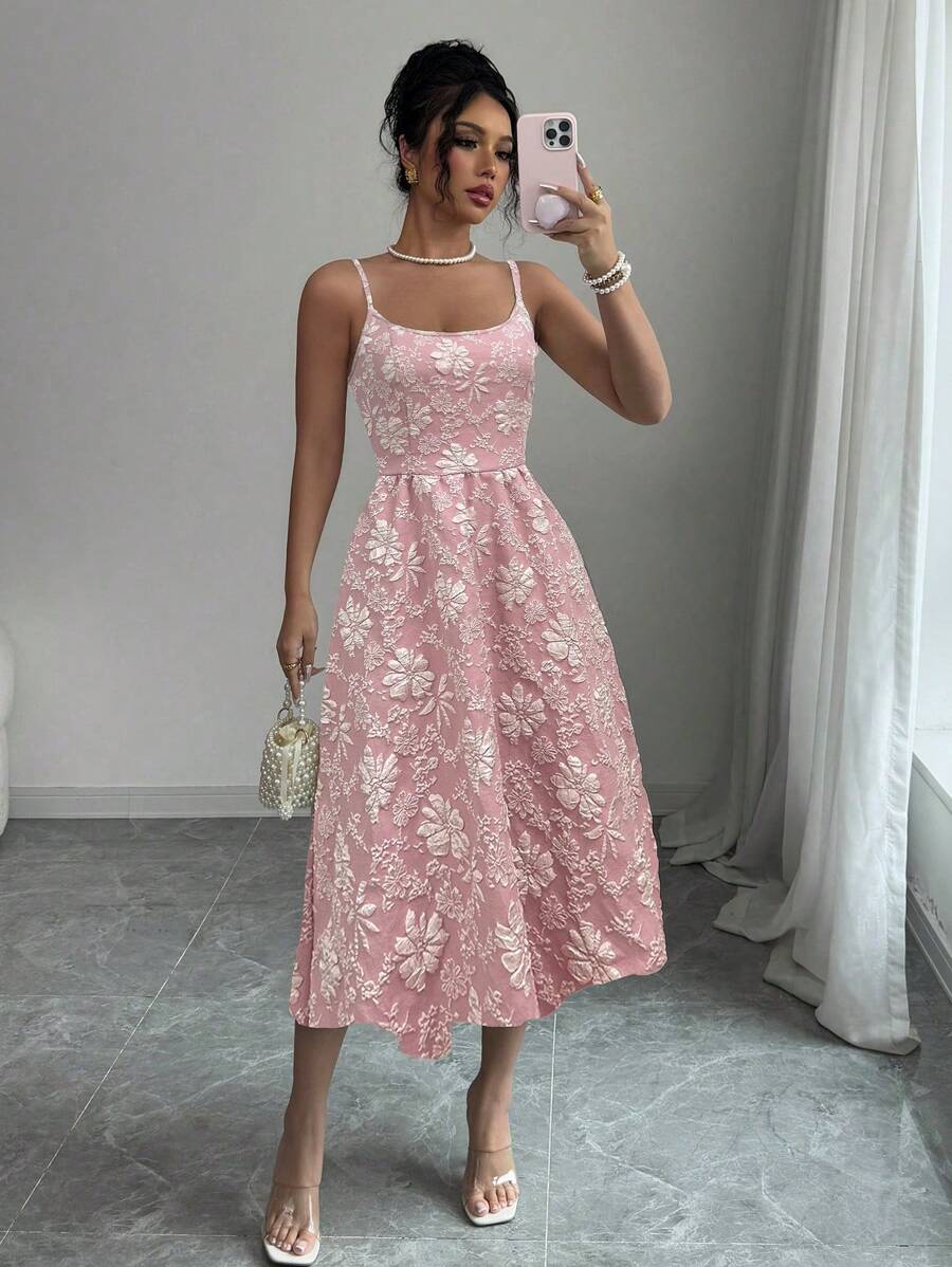 Elenzga Bohemian Texture Floral Print Camisole A-Line Peach Dress, Suitable For Spring & Summer Vacation - Pink - View 1