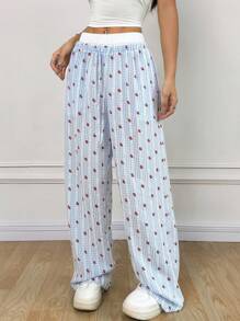 SHEIN EZwear Pantalon long à taille coulissante avec imprimé fraise et motif à carreaux blocs de couleurs - Bleu azur - Voir 1