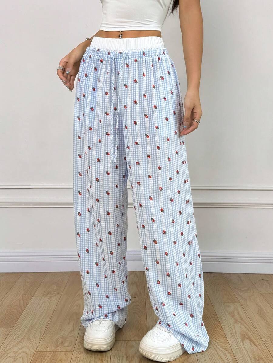 SHEIN EZwear Pantalon long à taille coulissante avec imprimé fraise et motif à carreaux blocs de couleurs - Bleu azur - Voir 1