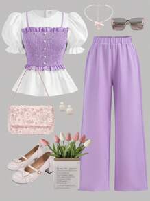 SHEIN Leap Crew TEENGIRL 2pcs Set: Lavender Cable Knit Puff Sleeve Top And Matching Purple Pants, Elegant Two-Piece Outfit - Mauve Purple - View 1