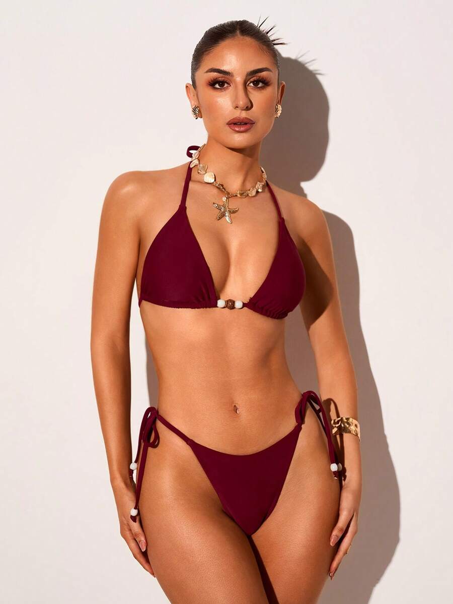 Glamine Trang phục đi biển mùa hè cho nữ: Bikini tam giác buộc dây màu trơn mới, trang trí ngọc trai, hở lưng, bộ 2 mảnh cho kỳ nghỉ - Màu Đỏ Sâu - Xem 1