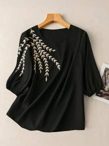 EMERY ROSE Women Embroidered Regular Fit Casual Vacation Short Sleeve Shirt - Black - View 1