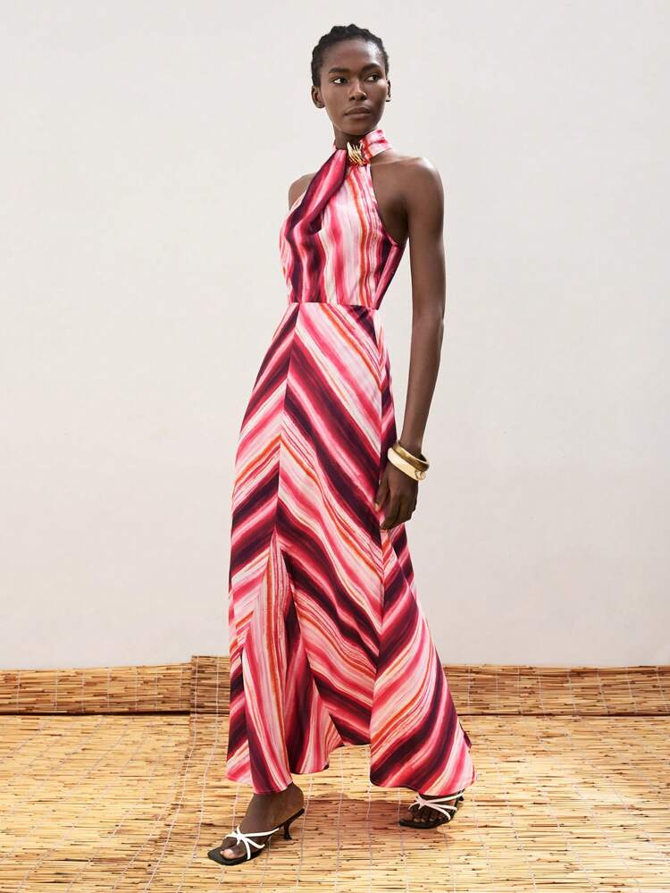 SHEIN Maija Women's Extra Long Sleeveless Dress, Minimalist & Fashionable For Summer Beach, Boho Ibiza Style Resort Wear, Dopamine Vacation Outfit Matching, Vibe Countryside Music Festival Western Style, Multicolor Stripe & Ombre Retro Print,Vacation Outfits