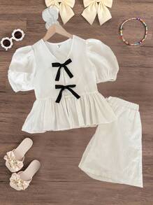 SHEIN 2pcs/Set Tween Girls Woven Textured Round Neck Bow Decor Casual Short Sleeve Cropped Top And Bow Shorts Set, Back To School, Casual Vacation, Daily Wear