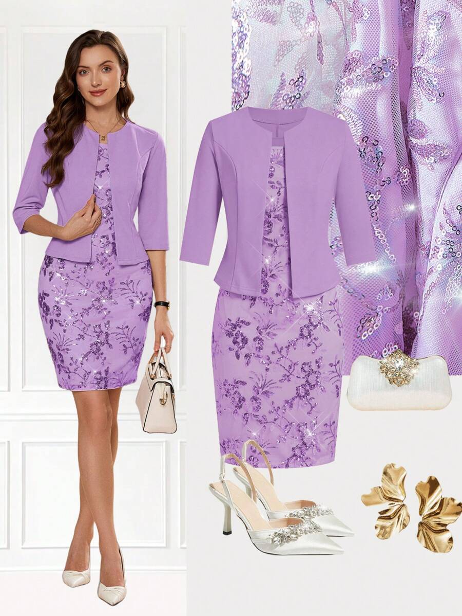 Ellevyn 2pcs Women Set: Sequin Party Dress & Fitted Short Sleeve Jacket Purple - Mauve Purple - View 1