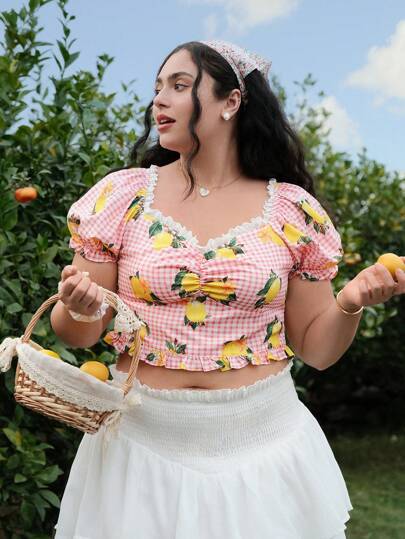 SHEIN MOD 大码复古印花泡泡袖衬衫，适合约会、休闲、度假穿着、春夏季