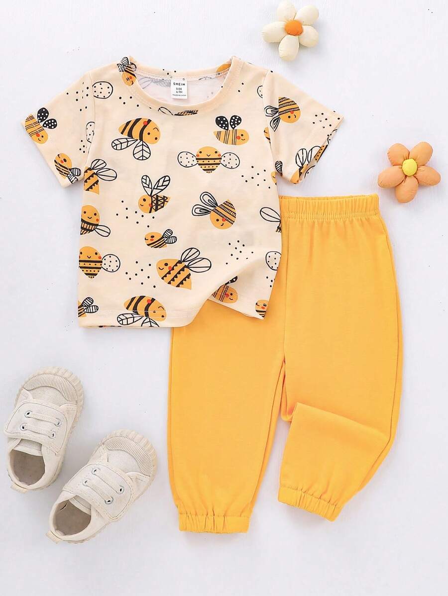 SHEIN Baby Girls Cute Floral Print Short Sleeve T-Shirt And Elastic Waist Pants 2 Pieces Outfit,Pastel Yellow,Summer,Casual,Vacation Daily Outings Set - Yellow - View 1
